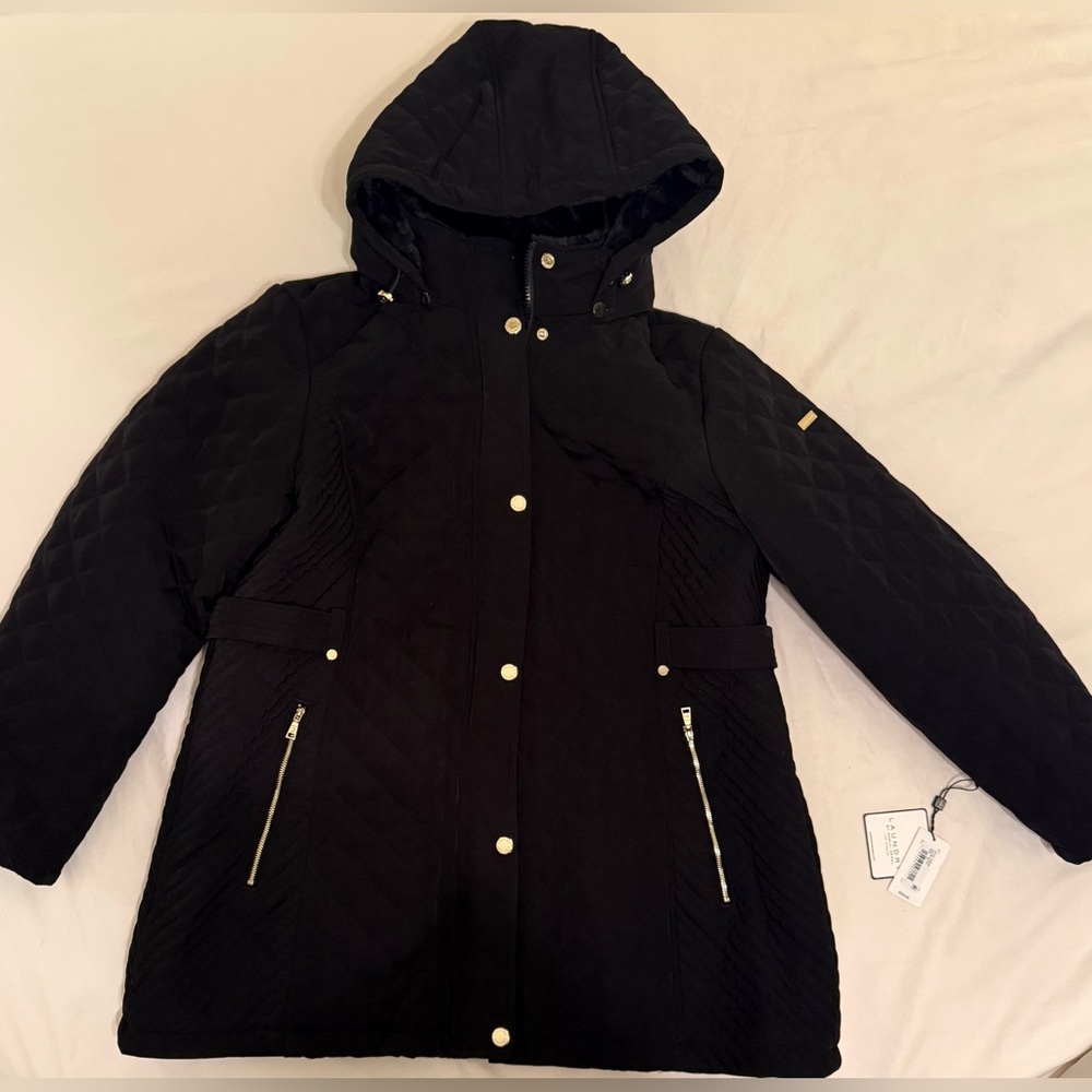 Laundry By Shelli Segal Black Quilted Hooded Mid Length Jacket R13